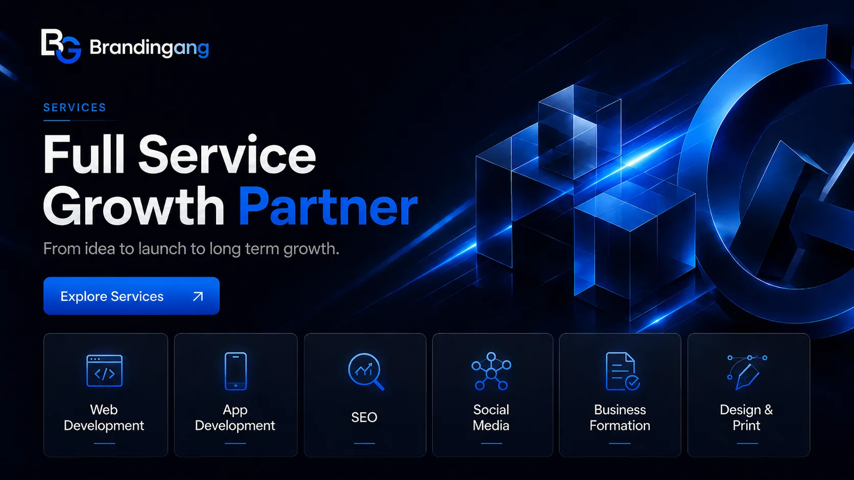 BrandinGang service suite visual showing web development, app development, SEO, social media, business formation, and design